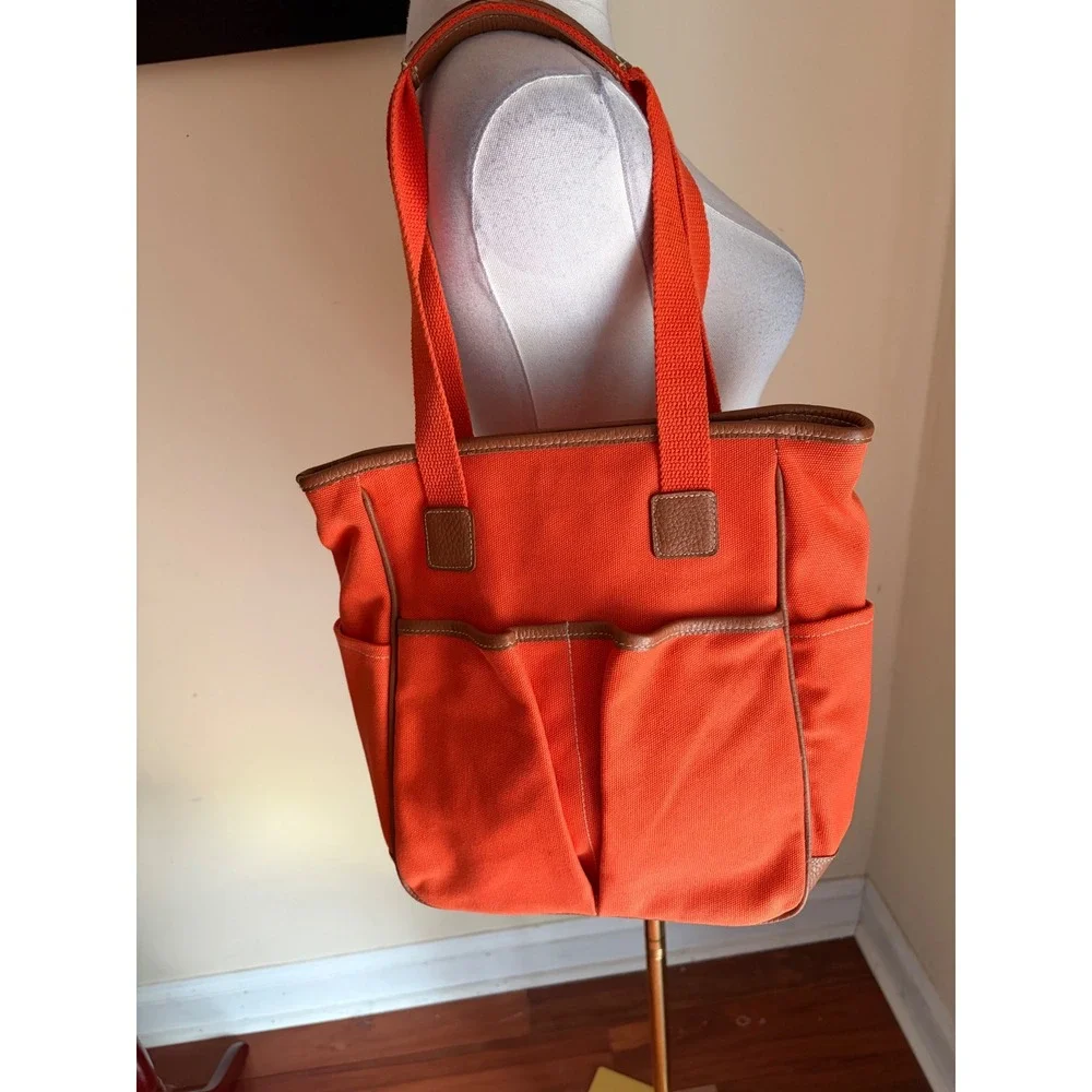 Garnet Hill Orange Canvas Tote Bag Leather Trim Pink Lining Shoulder Bag